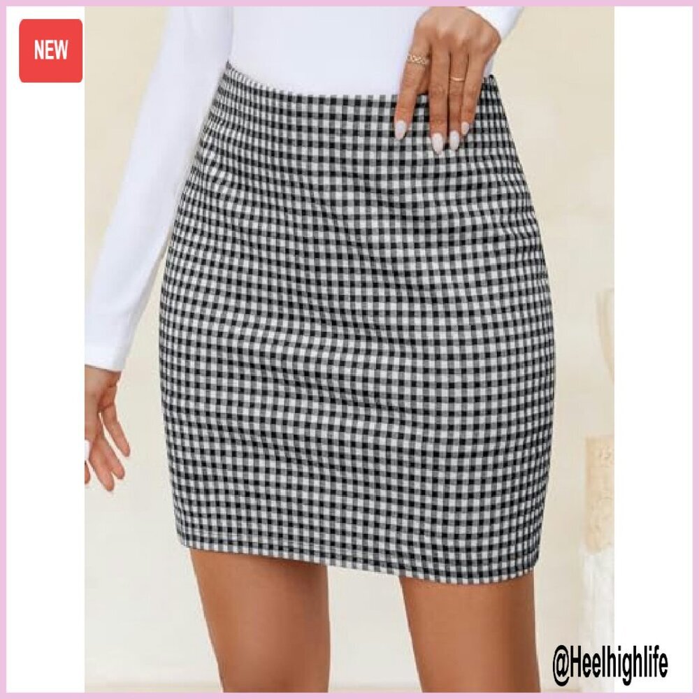 High Waist Plaid Mini Skirt with Built-in Shorts, Bodycon Pencil Fit - Picture 4 of 8